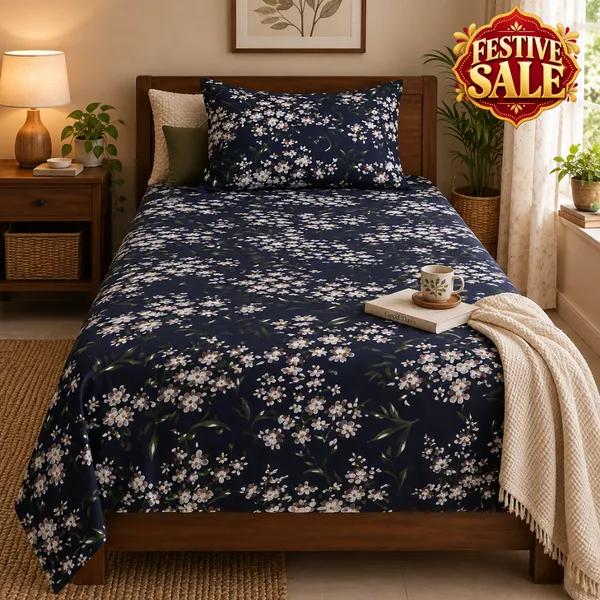 Trufinsh_Blue_Floral_Printed_Single_Bedsheet_with_1_Pillow_Cover