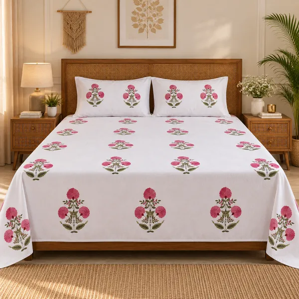 Pink_Floral_Handloom_Bedsheet_Set_with_2_Pillow_Covers_|__Gift_Packaging