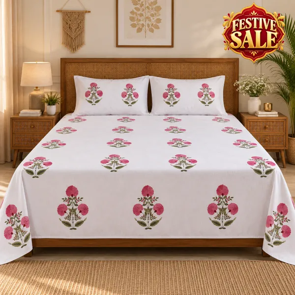 Trufinsh_Pink_Floral_Handloom_Bedsheet_Set_with_2_Pillow_Covers_|__Gift_Packaging