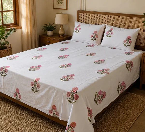 Pink_Floral_Handloom_Bedsheet_Set_with_2_Pillow_Covers_|__Gift_Packaging
