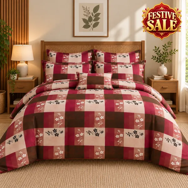 Trufinsh_Maroon_Checkered_Cotton_400_TC_Double_Bedsheet_Set-Bookfold_Gift_Packaging