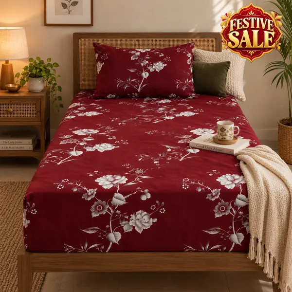 Trufinsh_Floral_Printed_Burgundy_Single_Bedsheet_with_1_Pillow_Cover