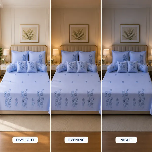 Trufinsh_Powder_Blue_Lotus_Embroidered_King_Bedsheet_–_7_Pc_Set