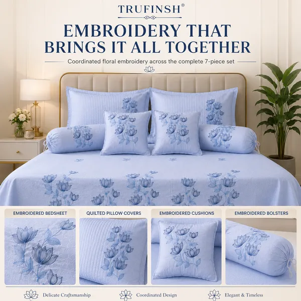Trufinsh_Powder_Blue_Lotus_Embroidered_King_Bedsheet_–_7_Pc_Set