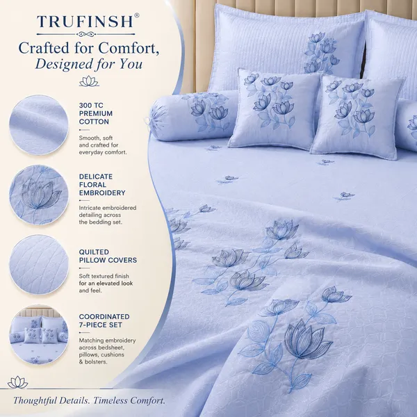 Trufinsh_Powder_Blue_Lotus_Embroidered_King_Bedsheet_–_7_Pc_Set