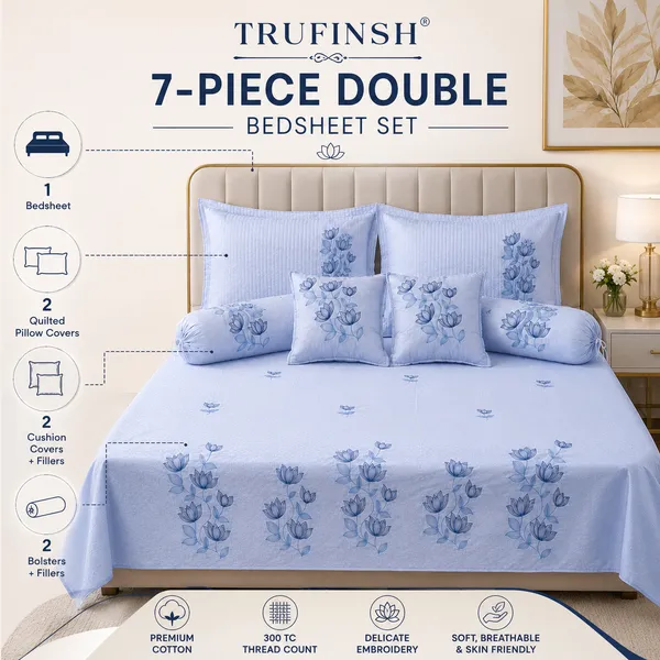 Trufinsh_Powder_Blue_Lotus_Embroidered_King_Bedsheet_–_7_Pc_Set