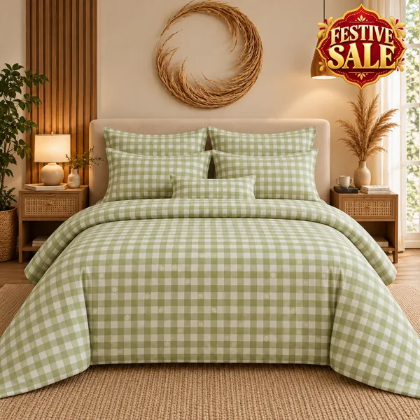 Trufinsh_Green_Gingham_Floral_Cotton_Double_Bedsheet_set_-_Bookfold_Gift_Packaging