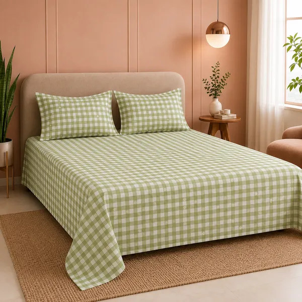 Green_Gingham_Floral_Cotton_Double_Bedsheet_set_-_Bookfold_Gift_Packaging
