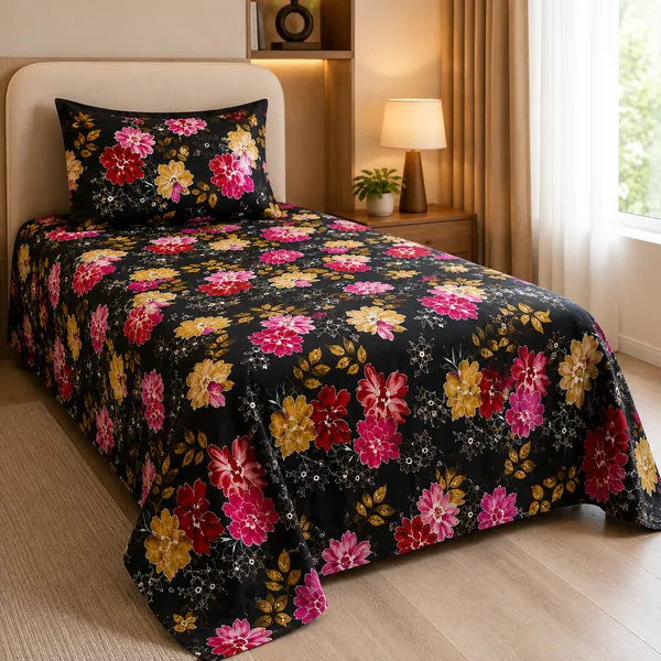Trufinsh_Multicolor_Floral_Printed_Black_Single_Bedsheet_with_1_Pillow_Cover