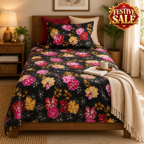 Trufinsh_Multicolor_Floral_Printed_Black_Single_Bedsheet_with_1_Pillow_Cover