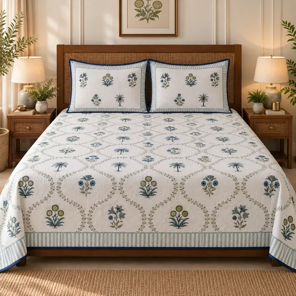 Grey_&_Green_Floral_Handloom_Cotton_Bedsheet_Set_with_2_Quilted_Pillow_Covers_|__Gift_Packaging