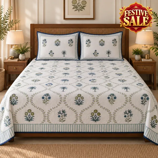 Trufinsh_Grey_&_Green_Floral_Handloom_Cotton_Bedsheet_Set_with_2_Quilted_Pillow_Covers_|__Gift_Packaging
