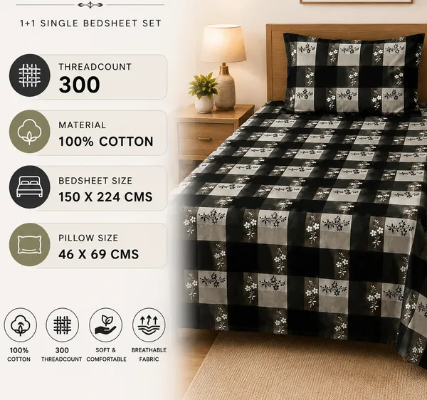 Trufinsh_Black_&_Grey_Checkered_Single_Bedsheet_with_1_Pillow_Cover