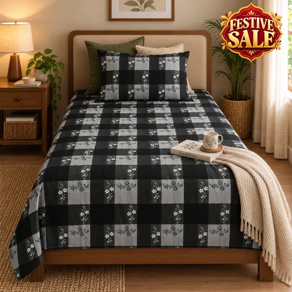 Trufinsh_Black_&_Grey_Checkered_Single_Bedsheet_with_1_Pillow_Cover