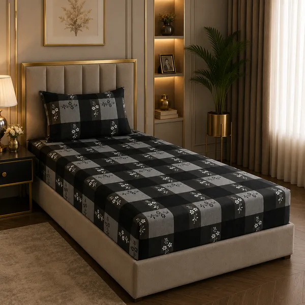 Trufinsh_Black_&_Grey_Checkered_Single_Bedsheet_with_1_Pillow_Cover