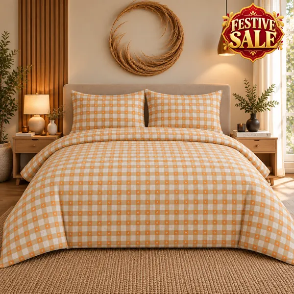Trufinsh_Orange_Gingham_Floral_Cotton_Bedsheet_Set_|_Bookfold_Gift_Packaging