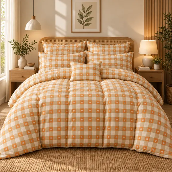 Orange_Gingham_Floral_Cotton_Bedsheet_Set_|_Bookfold_Gift_Packaging