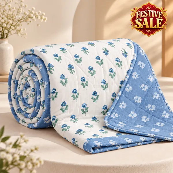 Trufinsh_Blue_Meadow_Floral_100%_Cotton_3-Layer_Double_Bed_Dohar,_Reversible_AC_Blanket