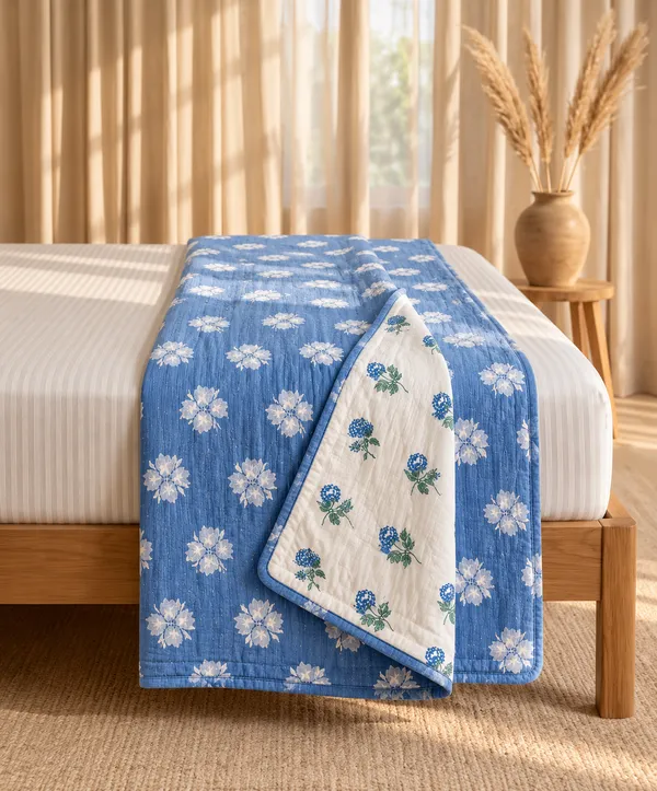 Trufinsh_Blue_Meadow_Floral_100%_Cotton_3-Layer_Double_Bed_Dohar,_Reversible_AC_Blanket