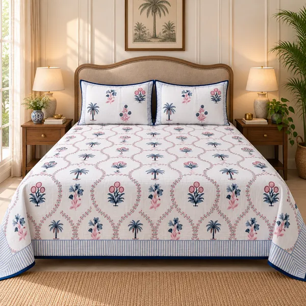 Blue_Floral_Handloom_Cotton_Bedsheet_with_2_Quilted_Pillow_Covers_|__Gift_Packaging