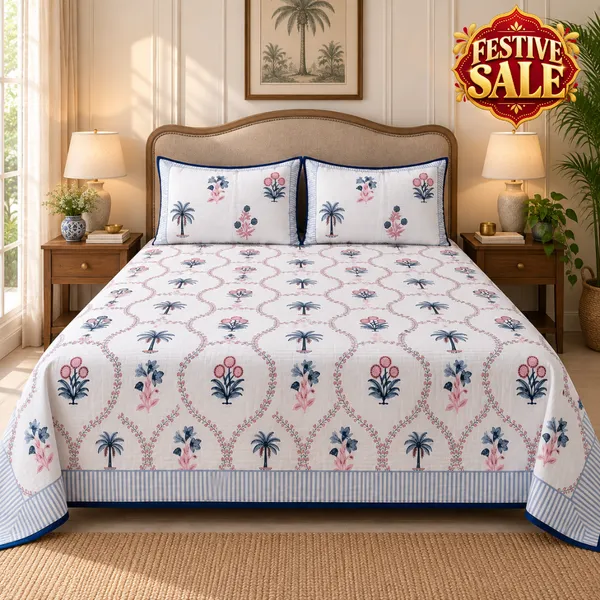 Trufinsh_Blue_Floral_Handloom_Cotton_Bedsheet_with_2_Quilted_Pillow_Covers_|__Gift_Packaging