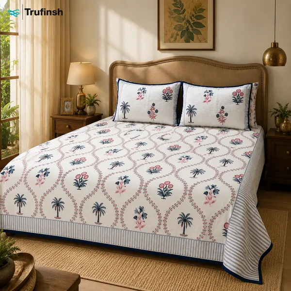 Blue_Floral_Handloom_Cotton_Bedsheet_with_2_Quilted_Pillow_Covers_|__Gift_Packaging