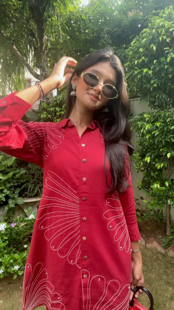 Red_Cotton_Blend_Embroidered_Kurti_Set_For_Women
