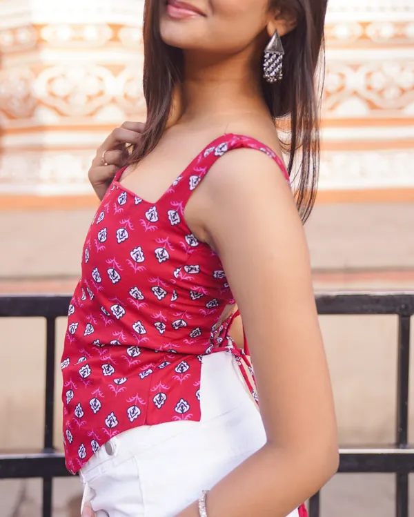 Surkh_Red_Block_Print_Sweetheart_Neck_Kurti_|_Bold_Ethnic_Top_|_indiva