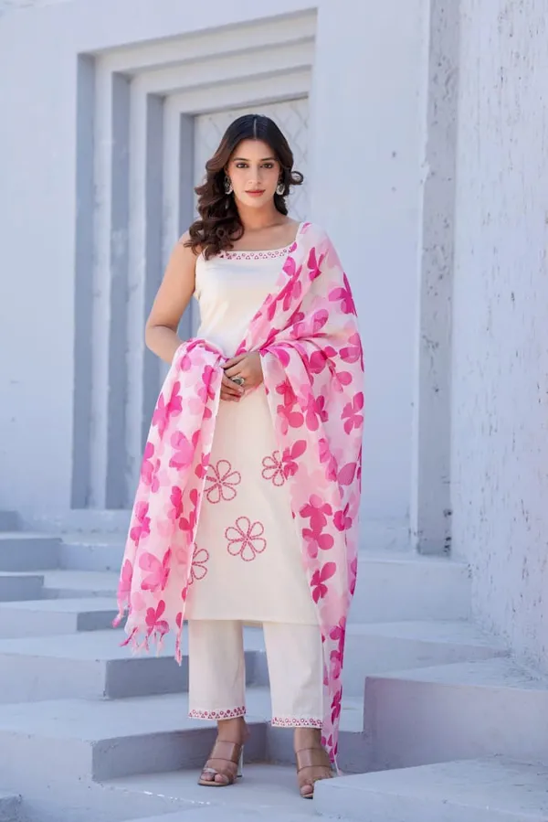 White_And_Pink_Cotton_Blend_Embroidered_Kurta_Set_With_Dupatta_For_Women