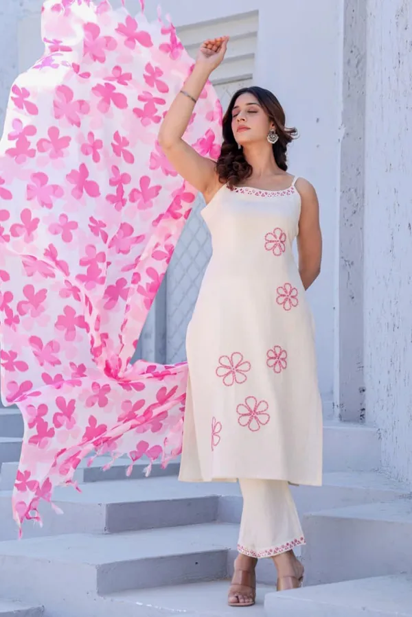 White_And_Pink_Cotton_Blend_Embroidered_Kurta_Set_With_Dupatta_For_Women