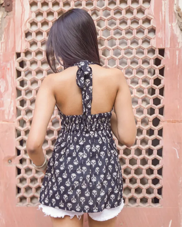 Kohl_Black_Halter_Neck_Ethnic_Print_Short_Kurti_|_Desi-Chic_Top_|_INDIVA