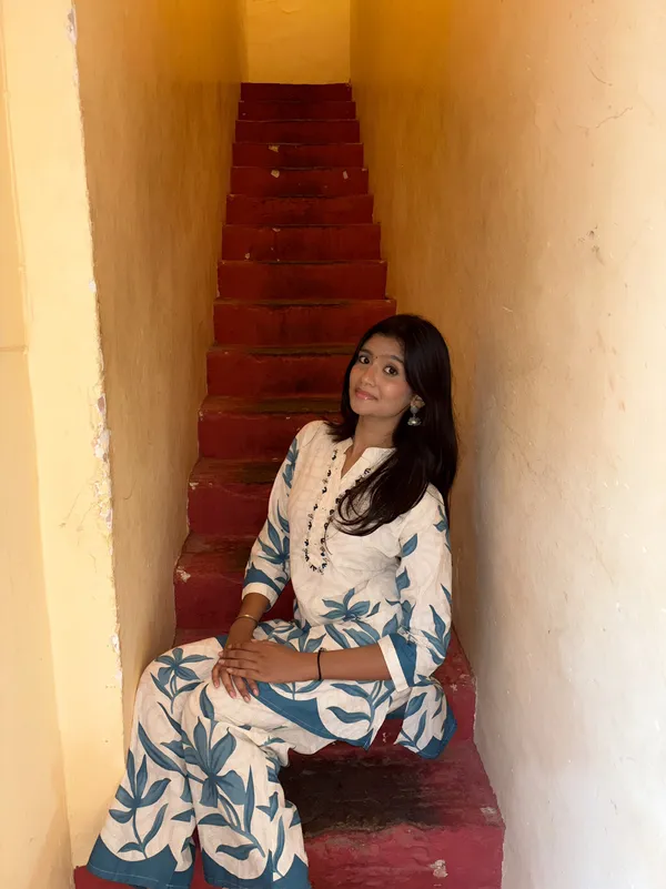 Blue_And_White_Cotton_Blend_Floral_Print_Kurta_Palazzo_Set_For_Women