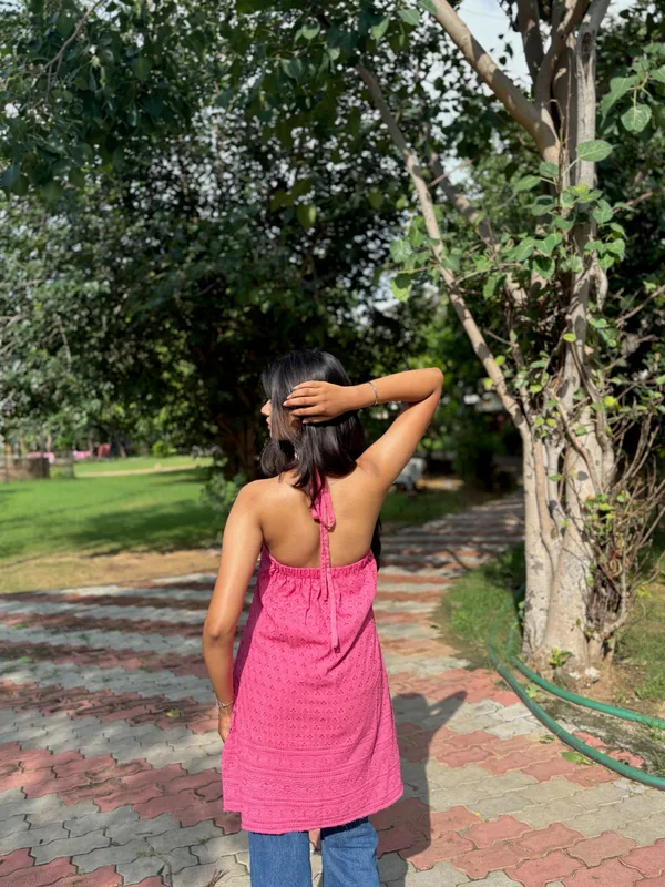 Gulabo_Pink_Chikankari_Halter_Kurti_|_Embroidered_Short_Kurti_|_indiva