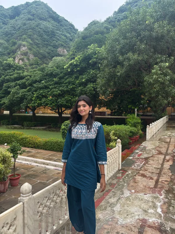 Teal_Blue_Cotton_Blend_Embroidered_Kurta_Pajama_Set_For_Women