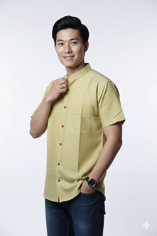 Mustard_Gold_Handloom_Cotton_Half_Sleeve_Shirt_For_Men