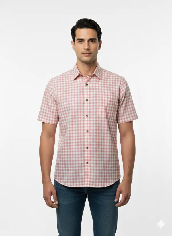 Light_Pink_Check_Handloom_Cotton_Half_Sleeve_Shirt_For_Men