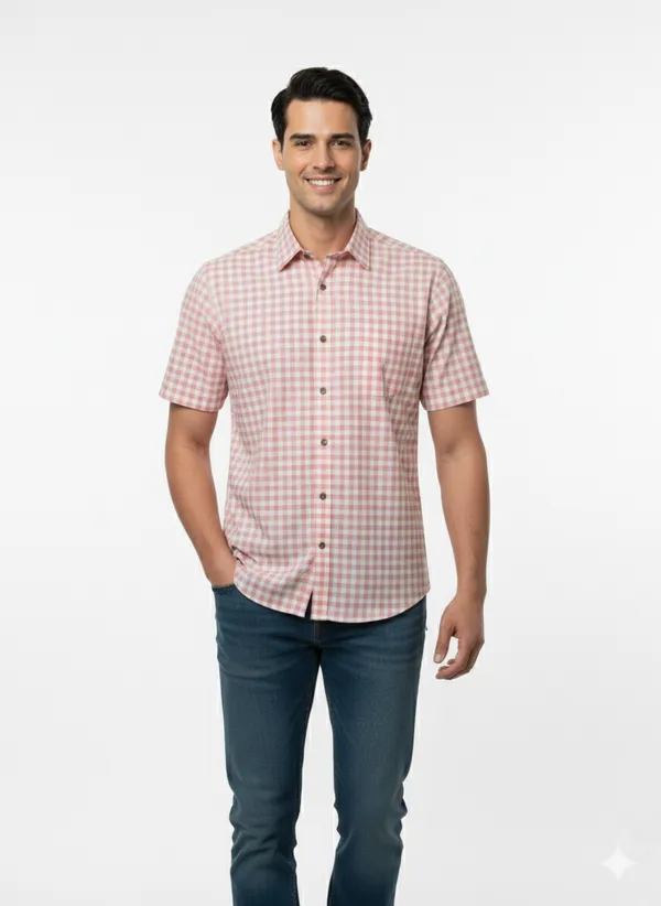 Light_Pink_Check_Handloom_Cotton_Half_Sleeve_Shirt_For_Men