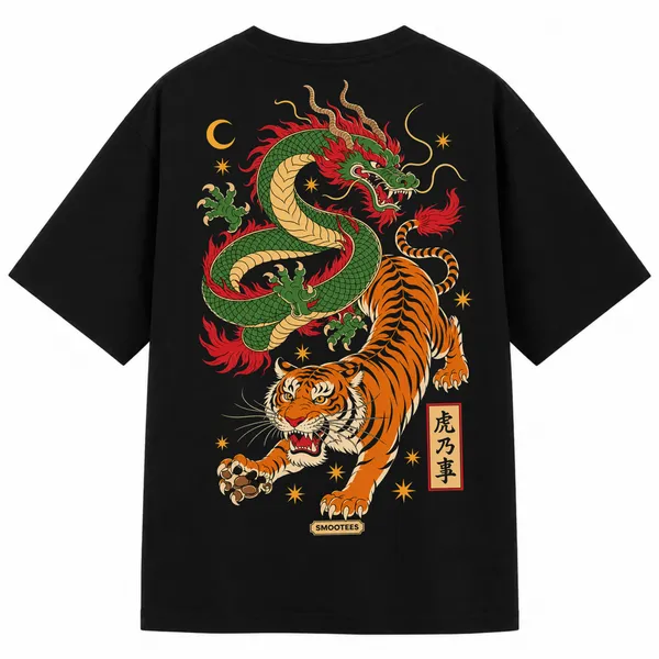 Black_Terry_Cotton_Oversized_Dragon_Tiger_Traditional_Art_T-Shirt_For_Unisex