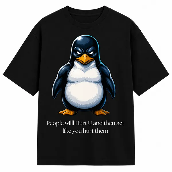 Black_Terry_Cotton_Oversized_Grumpy_Penguin_Graphic_T-Shirt_For_Unisex