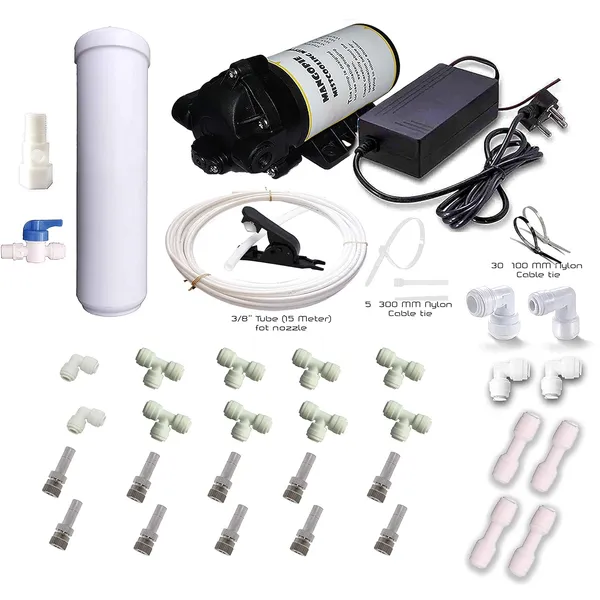 Mist_Cooling_Misting_System_Complete_Diy_Kit_10_Nozzle_System_125_Psi_Misting_Pump_15_Mt_Length_White_Color_Tubing_With_Six_Month_Warranty