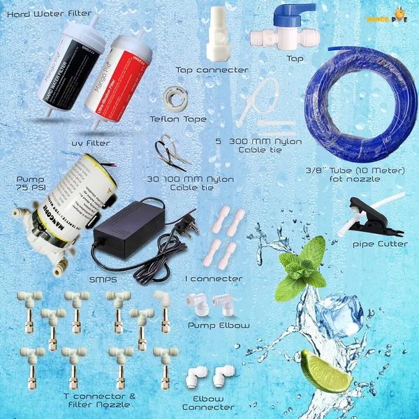 Mango_Pie_10_Nozzle_Mist_Cooling_Misting_System_With_Hard_Water_Filter_Uv_Filter_75_Psi_Pump_10_Mt_Blue_Tubing_6_Month_Warranty