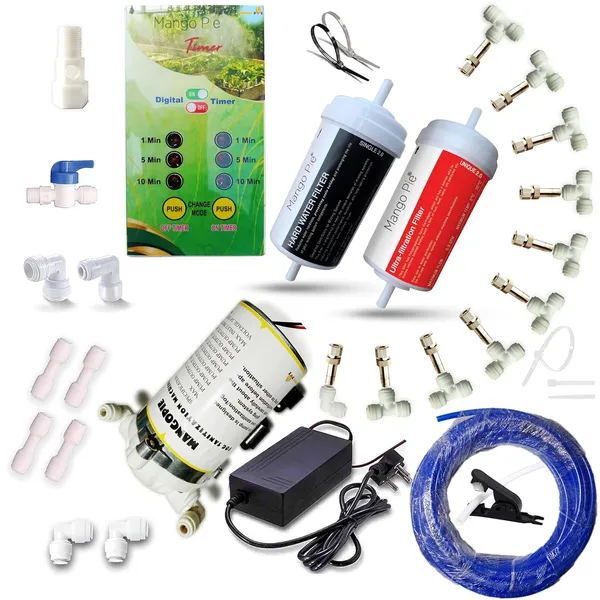 Mango_Pie_10-Nozzle_Misting_System_Kit_With_Timer_(1-5-10_Min),_Hard_Water_&_Uf_Filter,_75_Psi_Pump_|_Outdoor_Cooling_Mist_Kit_For_Patio,_Garden,_Restaurant_|_10M_Tubing,_220V,_6-Month_Warranty