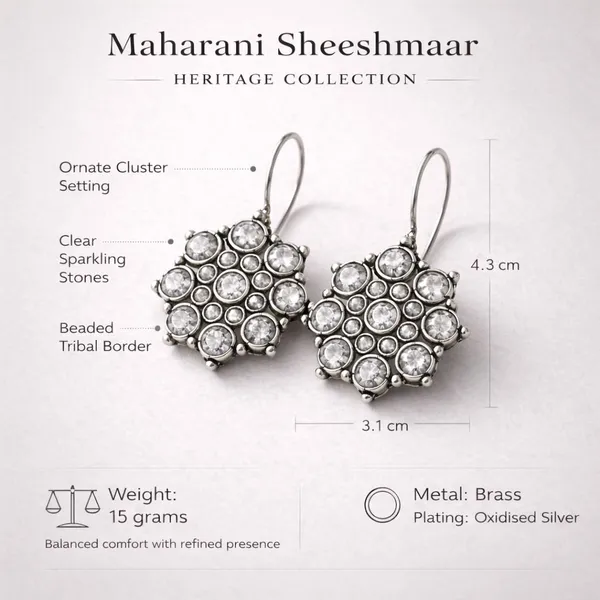 White_Maharani_Sheeshmaar_Oxidised_Crystal_Stone_Cluster_Earrings_Brass_Drops_And_Danglers