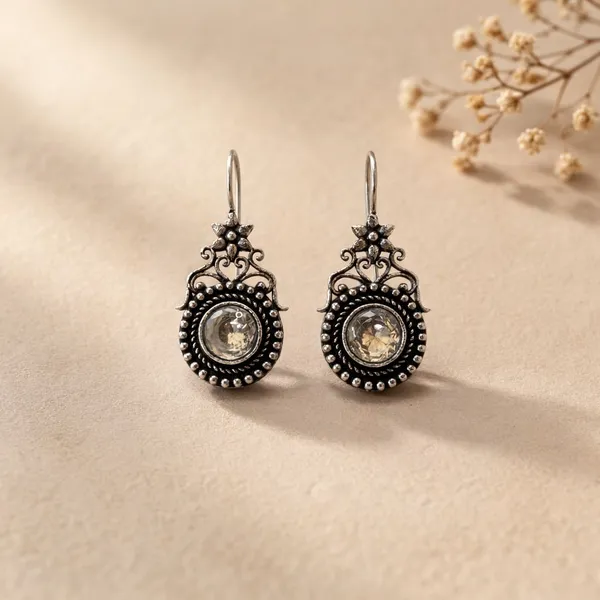 White_Moonlit_Topaz_Oxidised_Temple_Stone_Earrings_Brass_Drops_And_Danglers