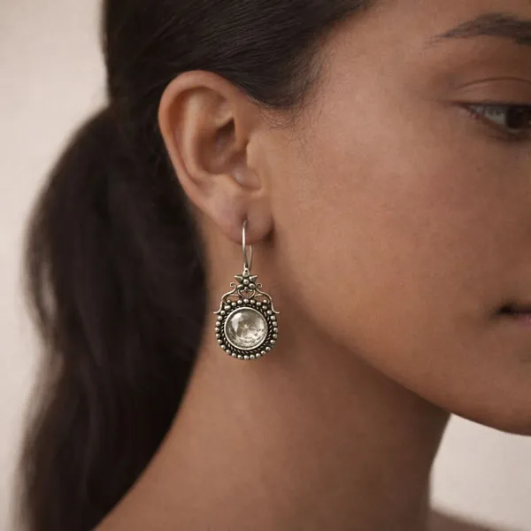 White_Moonlit_Topaz_Oxidised_Temple_Stone_Earrings_Brass_Drops_And_Danglers