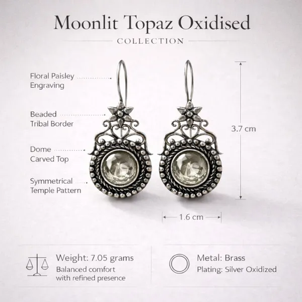 White_Moonlit_Topaz_Oxidised_Temple_Stone_Earrings_Brass_Drops_And_Danglers