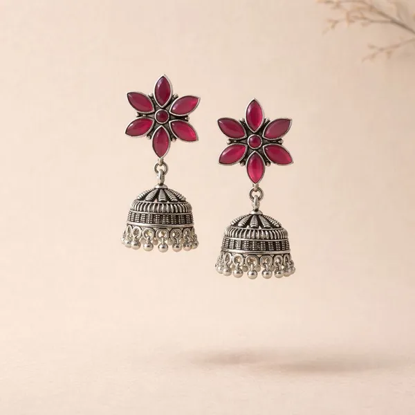 Red_Stone_Brass_Oxidised_Floral_Jhumka_Earrings_For_Women