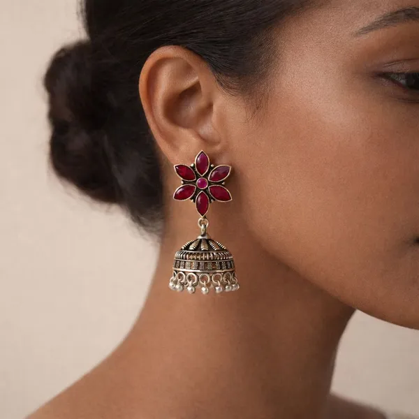Red_Stone_Brass_Oxidised_Floral_Jhumka_Earrings_For_Women