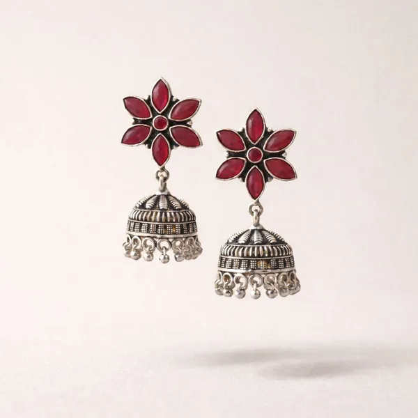 Red_Stone_Brass_Oxidised_Floral_Jhumka_Earrings_For_Women