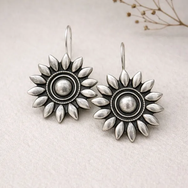 Silver_Brass_Oxidised_Sunflower_Blossom_Drop_Earrings_For_Women